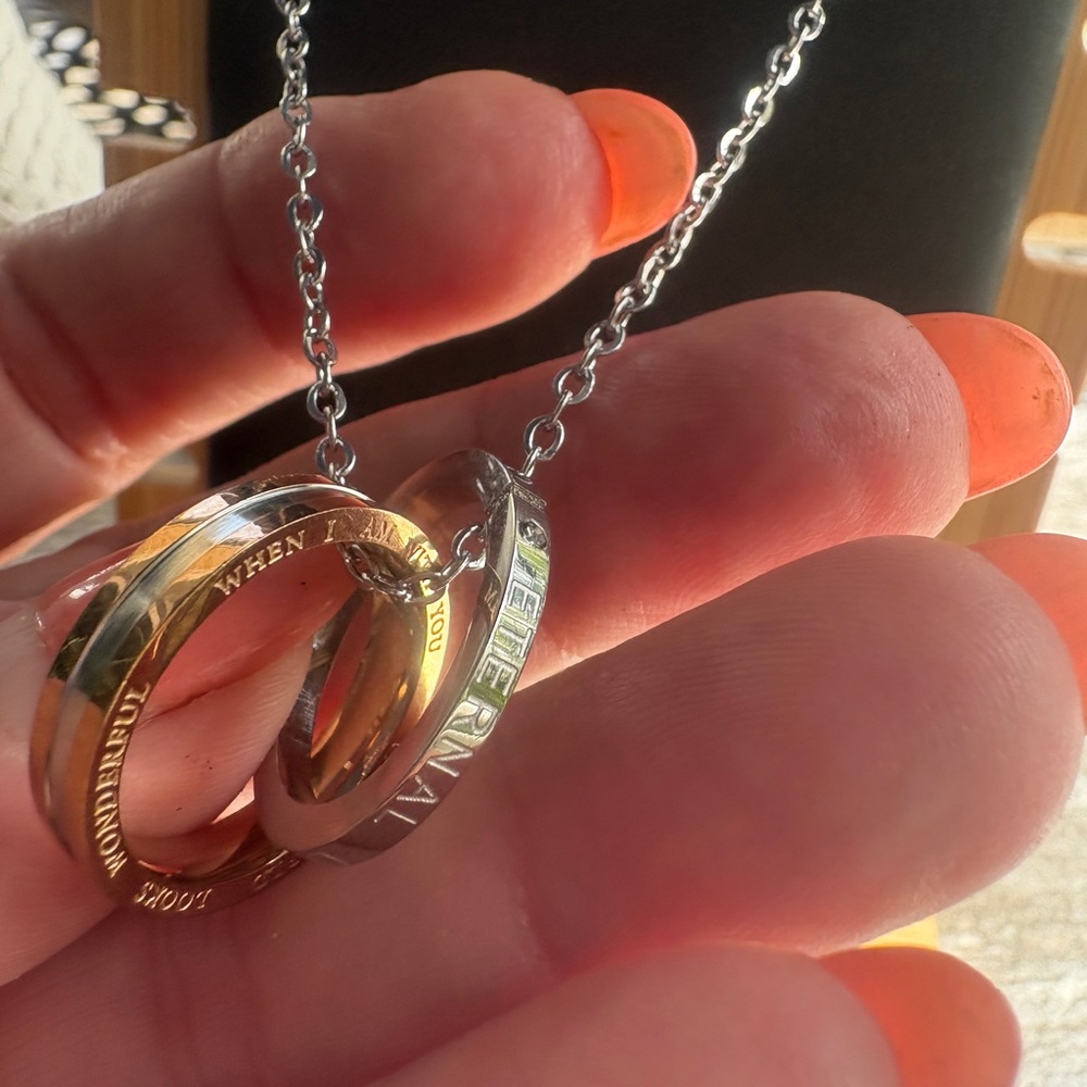 New Titanium over Stainless Steel Pendant, Silver and Gold Interlocking Necklace - Picture 9 of 10